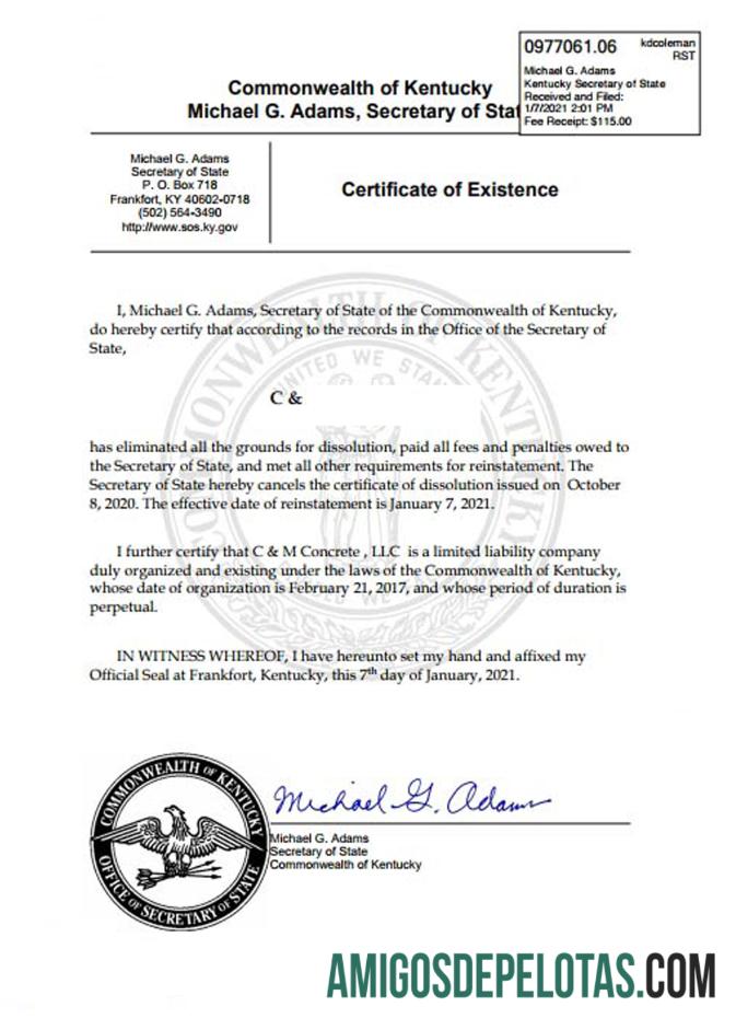 Exemplo de certificado de boa reputação dos EUA Kentucky